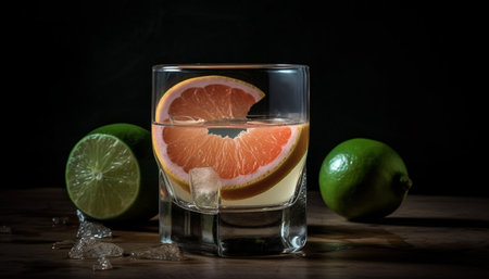 Refreshing citrus cocktail with lime and lemon slices on wood table generated by artificial intelligenceの素材