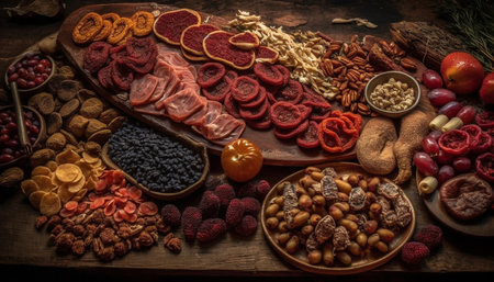 Healthy eating with a variety of organic meat, fruit, and nuts generated by artificial intelligenceの素材