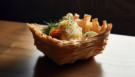 Fresh gourmet vegetarian meal on wooden table with healthy ingredients generated by artificial intelligenceの素材