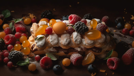 Berry dessert plate with chocolate indulgence and fresh fruit variation generated by artificial intelligenceの素材