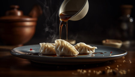 Steamed pork dumplings on rustic crockery, ready to eat gourmet appetizer generated by artificial intelligenceの素材