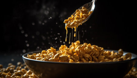 Golden honey pouring over fresh organic fruit in a shiny bowl generated by artificial intelligenceの素材