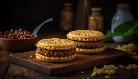 Rustic homemade dessert: Sweet shortbread cookie stack on wooden plate generated by artificial intelligenceの素材