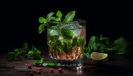 Fresh mojito cocktail with mint, lime, and citrus fruit slice generated by artificial intelligenceの素材