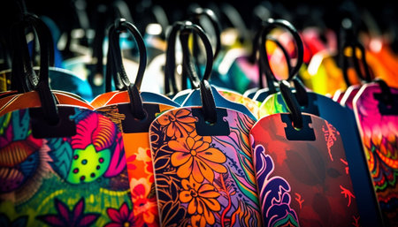 Vibrant colored clothing and accessories for sale in boutique store generated by artificial intelligenceの素材