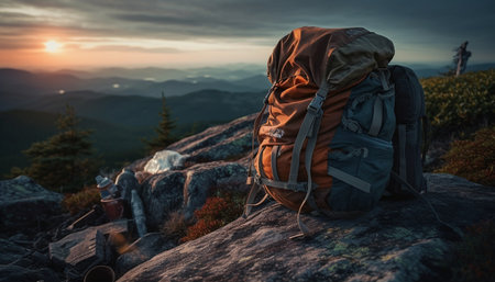 One person hiking with backpack, enjoying nature mountain peak generated by artificial intelligenceの素材
