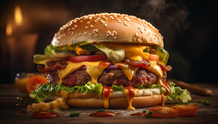 Grilled gourmet cheeseburger on a sesame bun with fresh vegetables generated by artificial intelligenceの素材
