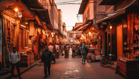 Nightlife in famous city streets illuminated by lanterns and street lights generated by artificial intelligenceの素材