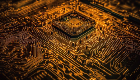Complex circuit board with computer chips and electrical components soldered generated by artificial intelligenceの素材