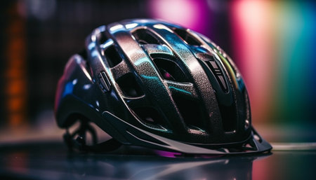 Speedy biker races with shiny helmet on metal racing bicycle generated by artificial intelligenceの素材