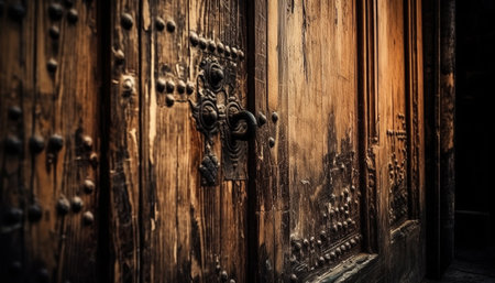 Rustic elegance ancient doorway with old fashioned lock and brass doorknob generated by artificial intelligenceの素材