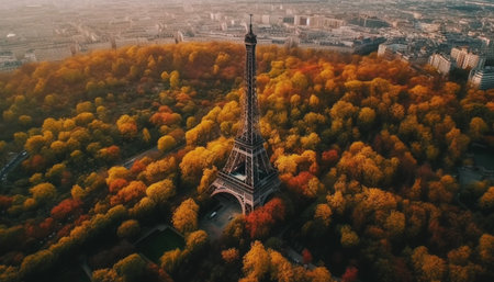 Autumn cityscape high above famous landmarks, nature panoramic beauty illuminated generated by artificial intelligenceの素材