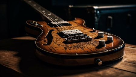Electric guitar playing musician rocks stage with selective focus equipment generated by artificial intelligenceの素材