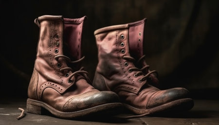 Rugged leather work boot, undone shoelace, walking in nature generated by artificial intelligenceの素材