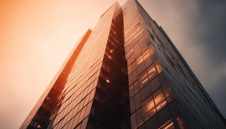 Modern skyscraper reflects futuristic cityscape at dusk, a corporate success generated by artificial intelligenceの素材