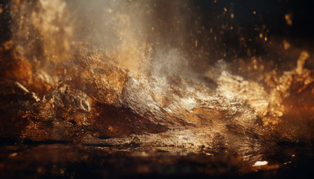 Abstract yellow pattern on wet backdrop, glowing in dark heat generated by artificial intelligenceの素材