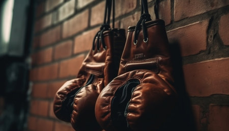 Leather sports glove and bag hanging on stable rope outdoors generated by artificial intelligenceの素材