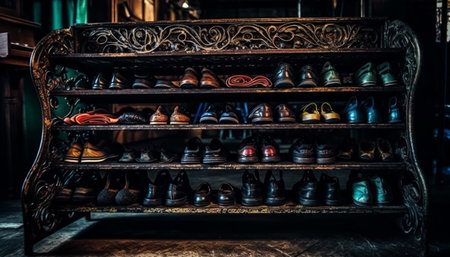 Leather shoe store showcases modern fashion with elegant variations indoors generated by artificial intelligenceの素材