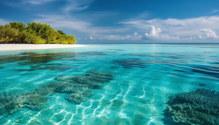 Idyllic tropical coastline, turquoise waters, palm trees, tranquil sunset beauty generated by artificial intelligenceの素材