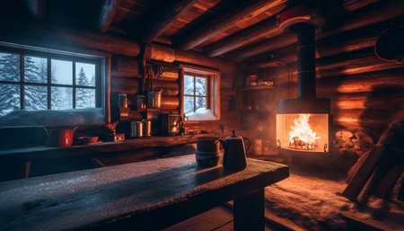 Glowing candlelight illuminates the old fashioned cottage kitchen for relaxation generated by artificial intelligenceの素材