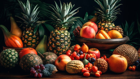 A colorful still life of healthy food on a wooden table generated by artificial intelligenceの素材