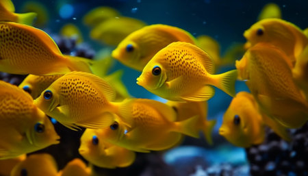 School of multi colored fish swimming in vibrant reef generated by artificial intelligenceの素材