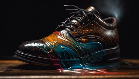 Modern sports footwear for men black leather pair on wood generated by artificial intelligenceの素材