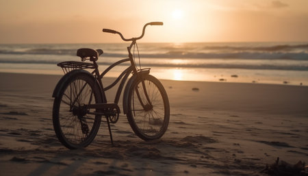 Silhouette cycling at dusk, enjoying tranquil seascape and yellow horizon generated by artificial intelligenceの素材