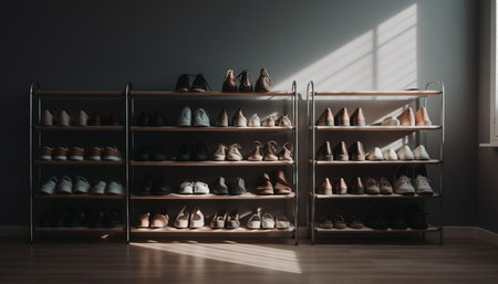 Modern boutique showcases elegant collection of high heels and leather shoes generated by artificial intelligenceの素材