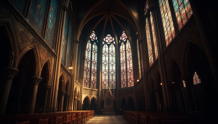 Inside the majestic gothic basilica, stained glass windows illuminate spirituality generated by artificial intelligenceの素材