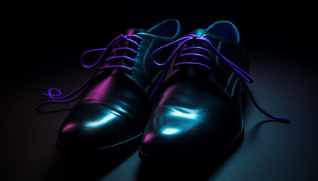 New black leather dress shoe, shiny and elegant with undone lace generated by artificial intelligenceの素材