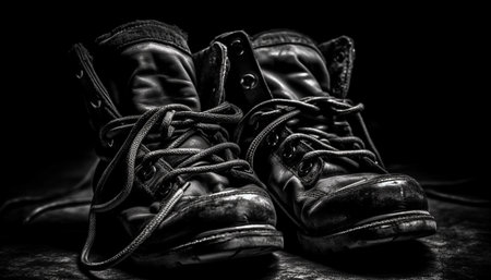 Old fashioned leather sports shoe, undone lace, on black background generated by artificial intelligenceの素材