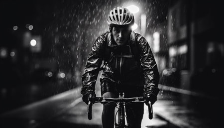 Nighttime biker speeds through wet city streets on bicycle generated by artificial intelligenceの素材