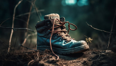 Men hiking boots dirty from walking in the muddy forest generated by artificial intelligenceの素材