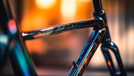 Shiny metal bicycle wheel in motion, illuminated by blue lighting generated by artificial intelligenceの素材