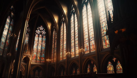 Gothic architecture and stained glass illuminate majestic basilica interior generated by artificial intelligenceの素材