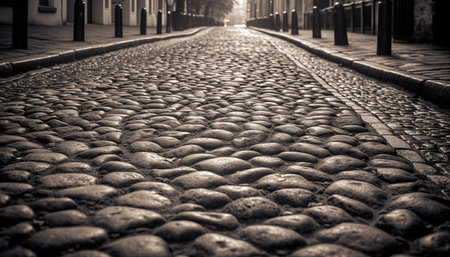 Vanishing point on cobblestone city street, old architecture in black and white generated by artificial intelligenceの素材