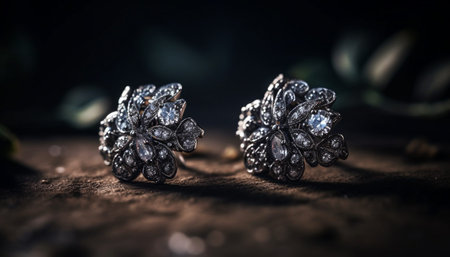 Ornate silver brooch with rhinestone and gemstone reflects elegance and glamor generated by artificial intelligenceの素材