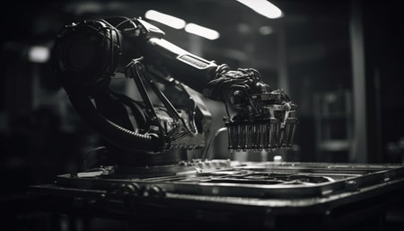 Modern machinery in a black and white factory workshop generated by artificial intelligenceの素材