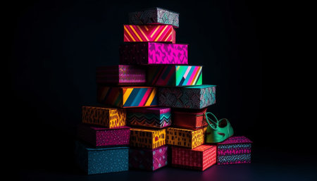 Multi colored gift box stack on black background, wrapped in shiny paper generated by artificial intelligenceの素材