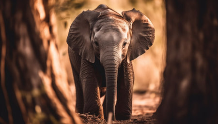 African elephant grazing in tranquil savannah wilderness, standing strong generated by artificial intelligenceの素材