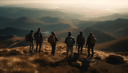 Men and women hiking mountain peaks, enjoying nature adventure generated by artificial intelligenceの素材