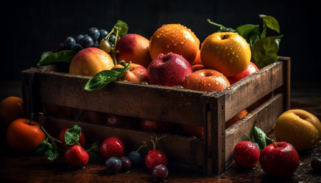 Rustic crate of juicy organic citrus fruit for healthy eating generated by artificial intelligenceの素材