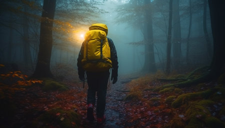 One person hiking through foggy autumn forest with backpack generated by artificial intelligenceの素材