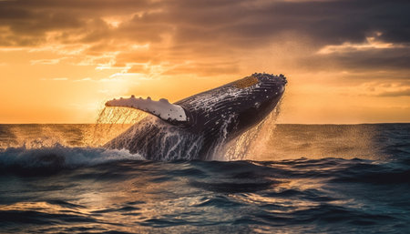 Sunset over water, waves splashing on nautical vessel, idyllic seascape generated by artificial intelligenceの素材