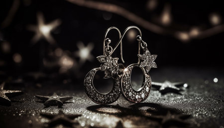 Shiny silver snowflake ornament, symbol of winter celebration and glamor generated by artificial intelligenceの素材