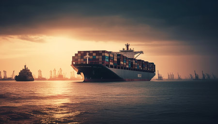 Container ship carrying heavy cargo unloading at commercial dock at dusk generated by artificial intelligenceの素材