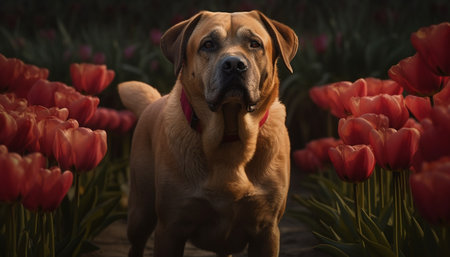 Cute purebred puppy sitting in meadow, looking at camera with freshness generated by artificial intelligenceの素材