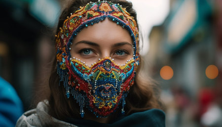 Smiling young woman in traditional clothing looking at camera outdoors generated by artificial intelligenceの素材