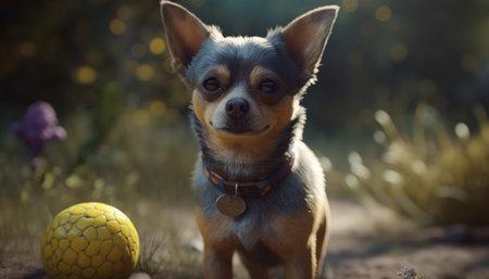 Cute purebred terrier puppy playing with yellow ball in nature generated by artificial intelligenceの素材